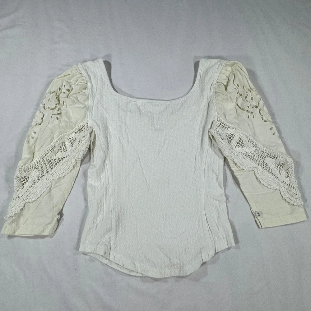 Free People Brunch Date‎ Knit Top Crochet Lace Puff Sleeve XS Boho Whimsical